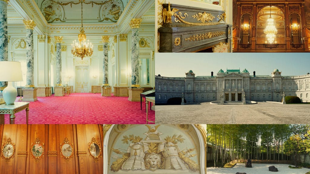 A collage photo showing various sights from within the State Guest House, Akasaka Palace, and its Japanese Annex, Yushintei.