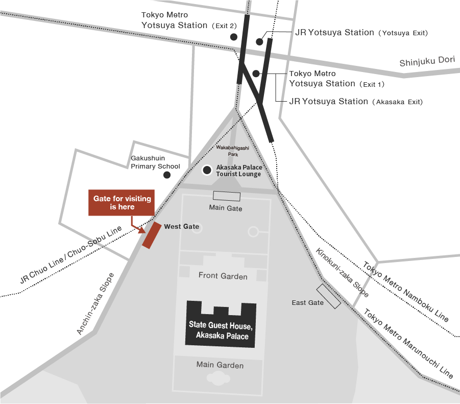 An access map to the State Guest House, Akasaka Palace. Leave from either JR Yotsuya Station or Tokyo Metro Yotsuya Station. Pass through Wakabahigashi Park, located to the south side of either station, and continue to the West Gate, which is located towards Gakushin Primary School.