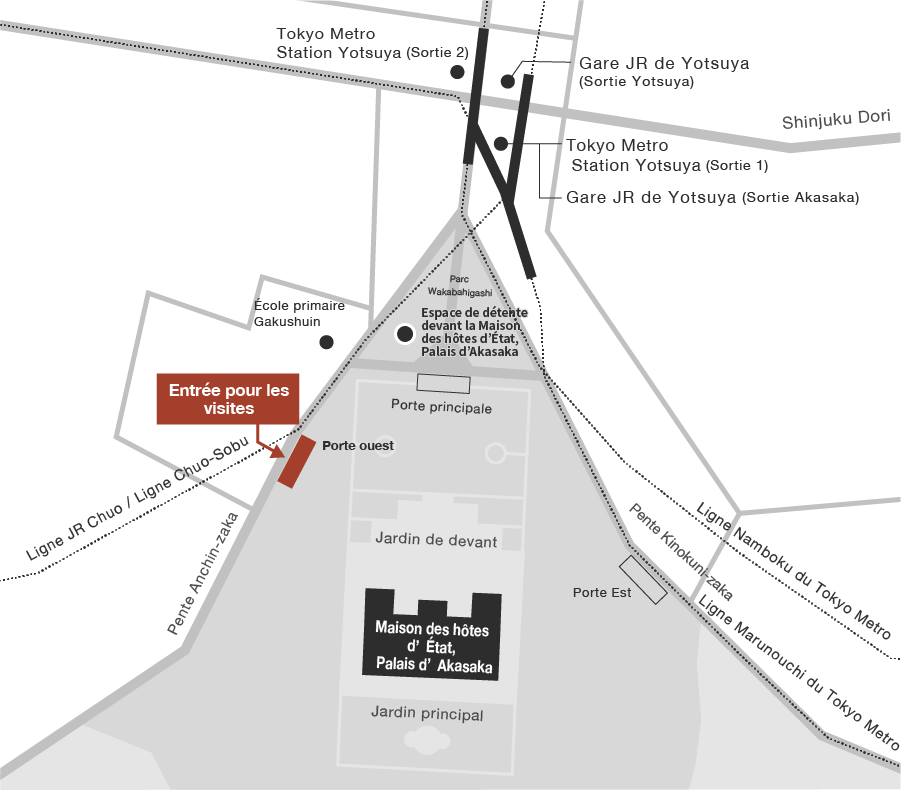 Un plan d’accès à la Maison des hôtes d’État, Palais d’Akasaka. Partez de la gare JR de Yotsuya ou de la station Yotsuya du Tokyo Metro. Traversez le parc Wakabahigashi, situé du côté sud de l’une ou l’autre gare / station, puis continuez jusqu’à la porte ouest, qui se trouve en direction de l’école primaire Gakushin.