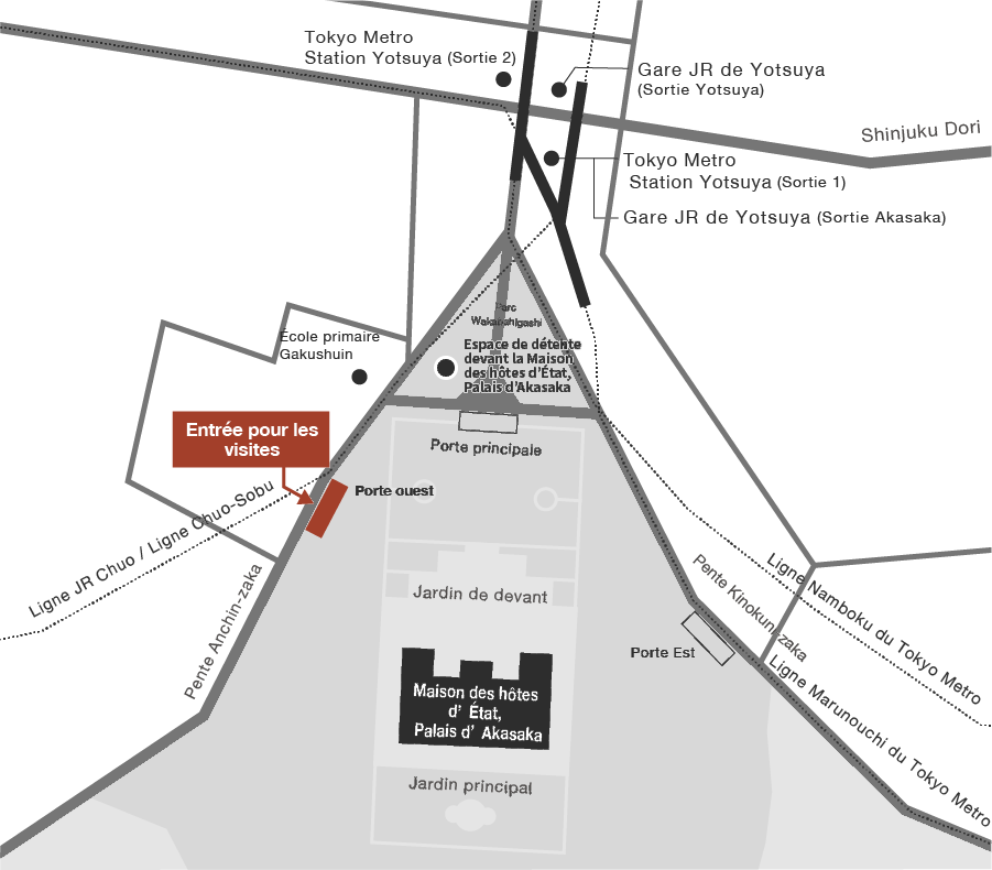 Un plan d’accès à la Maison des hôtes d’État, Palais d’Akasaka. Partez de la gare JR de Yotsuya ou de la station Yotsuya du Tokyo Metro. Traversez le parc Wakabahigashi, situé du côté sud de l’une ou l’autre gare / station, puis continuez jusqu’à la porte ouest, qui se trouve en direction de l’école primaire Gakushin.