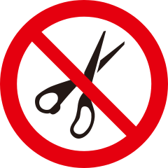 A pictogram of scissors in a red circle crossed through with a red line.
