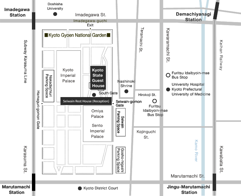 An access map to Kyoto State Guest House. Kyoto State Guest House is located within the Kyoto Gyoen National Park.