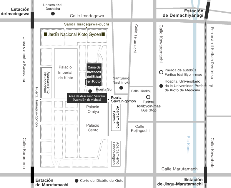 Un mapa de acceso a la Casa de Invitados del Estado en Kioto La Casa de Invitados del Estado en Kioto se sitúa dentro del Parque Nacional Kioto Gyoen.