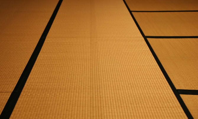 Les tatamis s'étendent dans toutes les directions. Chaque tatami est tissé avec une technique traditionnelle appelée « nakatsugi-omote », qui laisse ce pli caractéristique visible au centre du tatami.