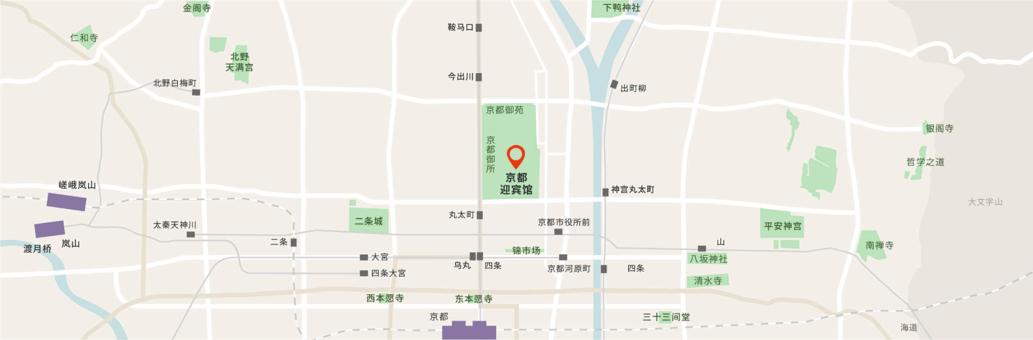 显示京都迎宾馆在京都市内的位置的地图。京都迎宾馆位于京都御苑中，还显示了其与周边观光景点的位置关系。