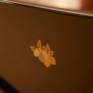 A photo of a gold and silver design in the shape of plant leaves on top of a black lacquered surface.