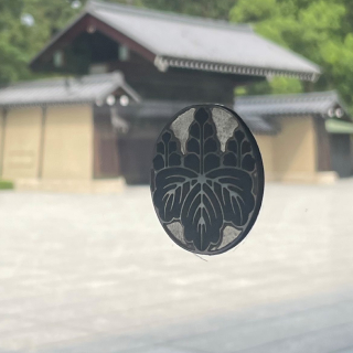 A photo of the glass window of the State Guest House, decorated with a metal State Guest House logo. The Guest House gate is reflected in the glass.