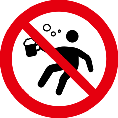 A pictogram of a person with bubbles beside their head, struggling to balance while holding a mug of beer, all within in a red circle crossed through with a red line.
