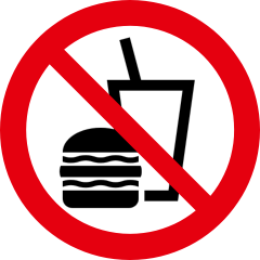A pictogram of a hamburger and a cup with a straw in a red circle crossed through with a red line.