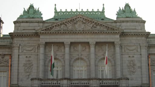 National flags of Republic of Madagascar and Japan on the terrace in the second floor of State Guest House Akasaka Palace