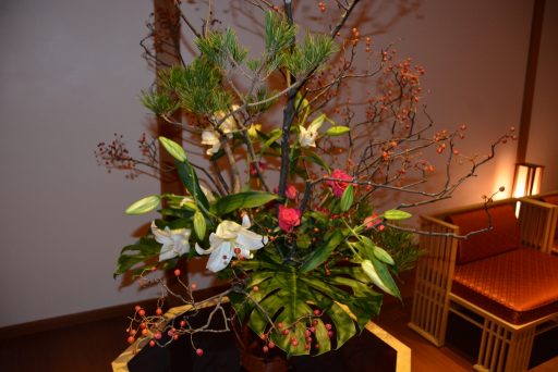 Ikebana flower arrangement with roses which is the favorite flower of H.E. Ms. Aung San Suu Kyi, State Counsellor of the Republic of the Union of Myanmar.