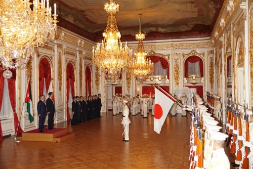 King Abdullah of Hashemite Kingdom of Jordan and the Prime Minister Abe standing on the platform at the Welcome Ceremony in Hagoromo no Ma