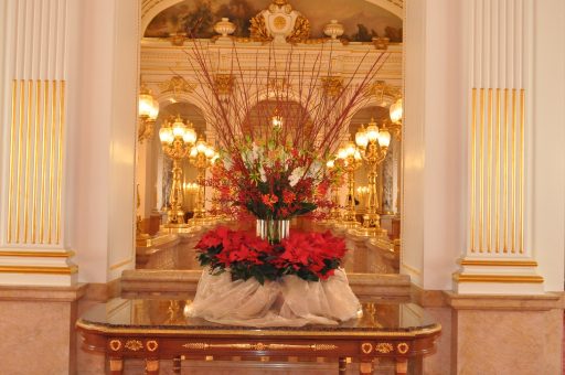 Flower arrangement of Poinsettias, the national flower of Republic of Madagascar displayed in front of Sairan no Ma