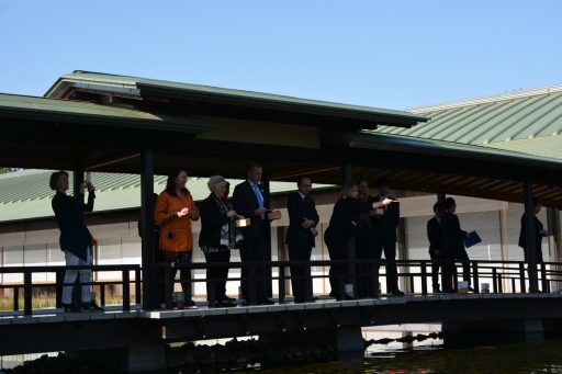 The delegation is feeding Koi carp in the pond from the center of the bridge by spooning food in the wooden square box.