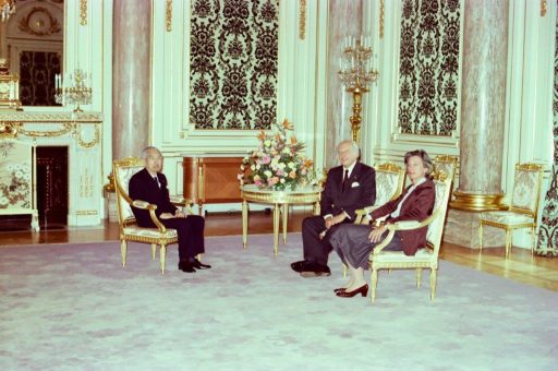 President Scheel, Mrs. Scheel and Emperor Showa pose in a memorial photo opportunity in Asahi no Ma