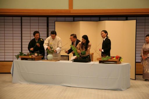 His Majesty Jigme Khesar Namgyel Wangchuck, King of the Kingdom of Bhutan and Her Majesty the Queen Jetsun Pema Wangchuck experiencing ikebana flower arrangement in Yubae no Ma.