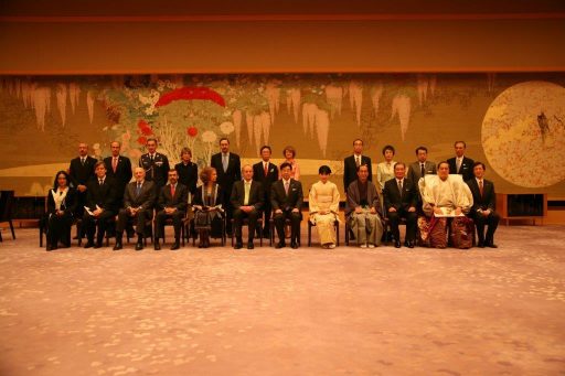 His Majesty the King Juan Carlos I of the Kingdom of Spain and Her Majesty the Queen Sofia of the Kingdom of Spain with their delegation taken a commemorative photo in Fuji no Ma.