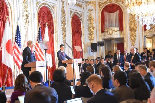 Prime Minister Abe and President Trump face the media corps at their Joint Press Conference in Hagoromo no Ma.