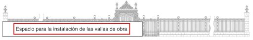 Ilustración que indica como espacio para la instalación de las vallas de obras, una zona que comprende desde el lateral izquierdo de la valla exterior de la puerta principal de la Casa de Invitados del Estado hasta la puerta principal que se encuentra en el centro.