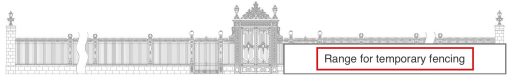 Illustration where the outer fence on the left side of the main gate to the State Guest House is designated as the "range for temporary fencing"