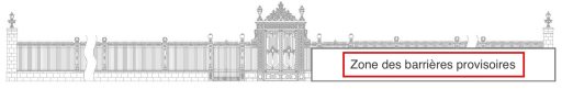 Illustration des clôtures extérieures à gauche de la Porte principale de la Maison des hôtes d’État désignée comme « zone des barrières provisoires ».
