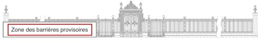 Illustration des clôtures extérieures à droite de la Porte principale de la Maison des hôtes d’État désignée comme « zone des barrières provisoires ».