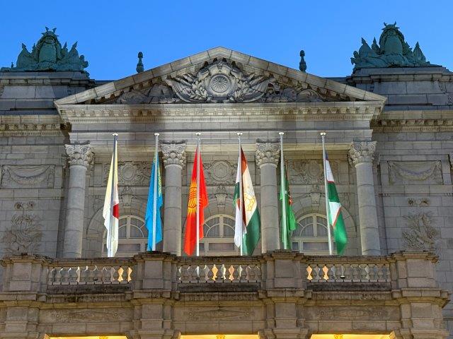 Flags of Japan and five Central Asian countries were hoisted on the balcony of the main building in alphabetical order from left to right (Japan, Kazakhstan, Kyrgyz, Tajikistan, Turkmenistan, and Uzbekistan).